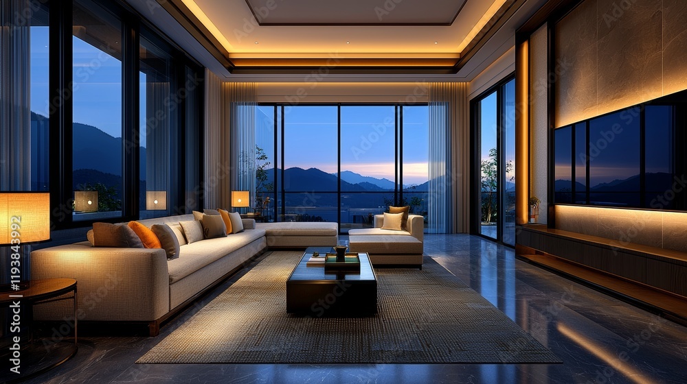 Naklejka premium Luxury living room with cozy accents, vibrant sale promotion space, attractive and upscale design for decor discounts, soft ambiance