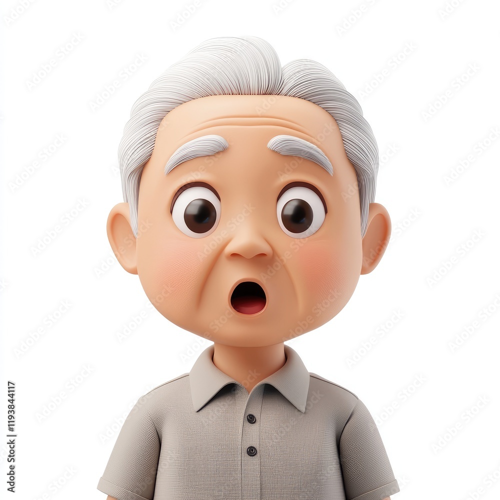 Surprised 3D memoji of an elderly Asian man with thin white hair wearing a collared shirt against a white background Surprised 3D memoji of an elderly Asian man with thin white hair wearing a collared shirt against a white background