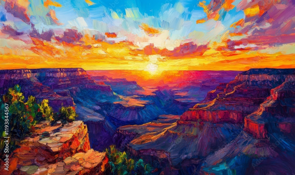 Fototapeta premium Vibrant Sunset Over Canyon Landscape Painted In Vivid Hues