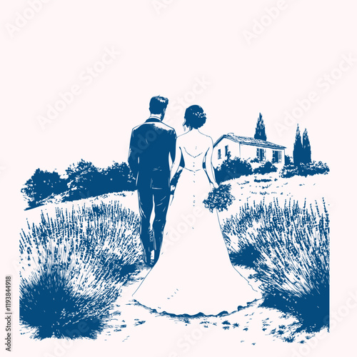 Hand drawn Italian style vintage wedding couple