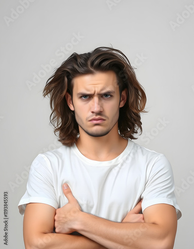 Young man wearing casual white t-shirt over isolated background skeptic and nervous, disapproving expression on face with crossed arms. Negative person, photo. isolated with white highlights photo