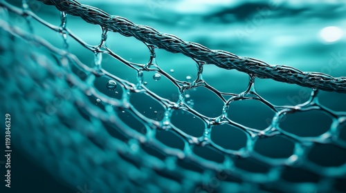 Aquaculture netting close-up, fish swimming freely in the farm enclosure, fine detail of water and net fibers, realistic digital art style photo