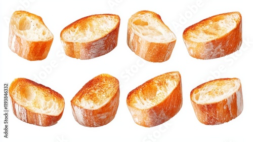 arranged slices of toasted bread, soft inside and crisp edges, warm tones, high detail digital art, isolated on white background photo