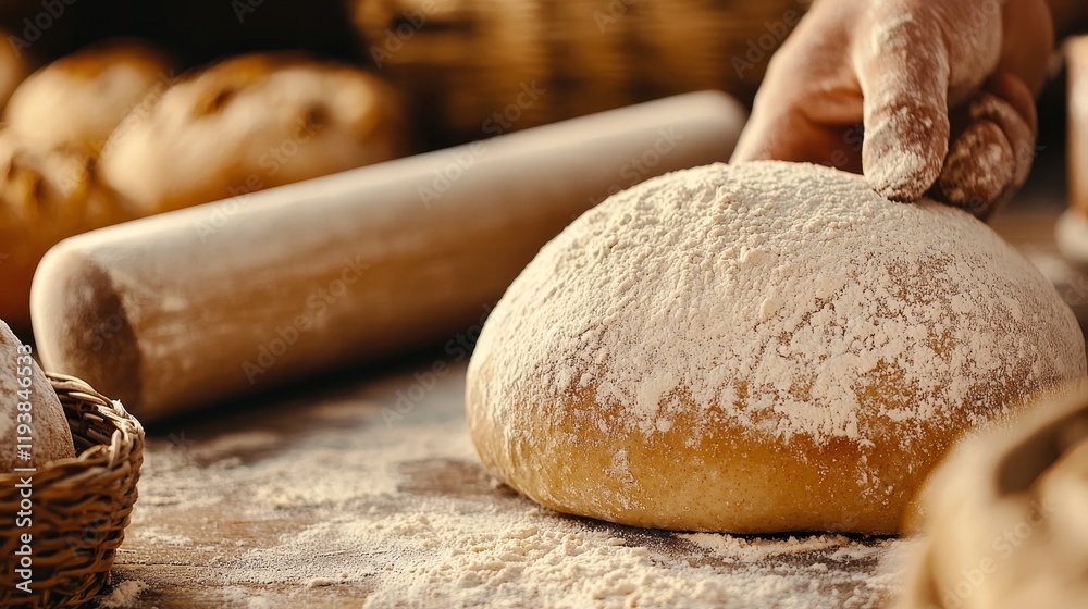 Artisan baker's workspace, close-up on dough and rolling pin, flour-covered surfaces with an old-fashioned charm, a glimpse into historical baking Artisan baker's workspace, close-up on dough and rolling pin, flour-covered surfaces with an old-fashioned charm, a glimpse into historical baking