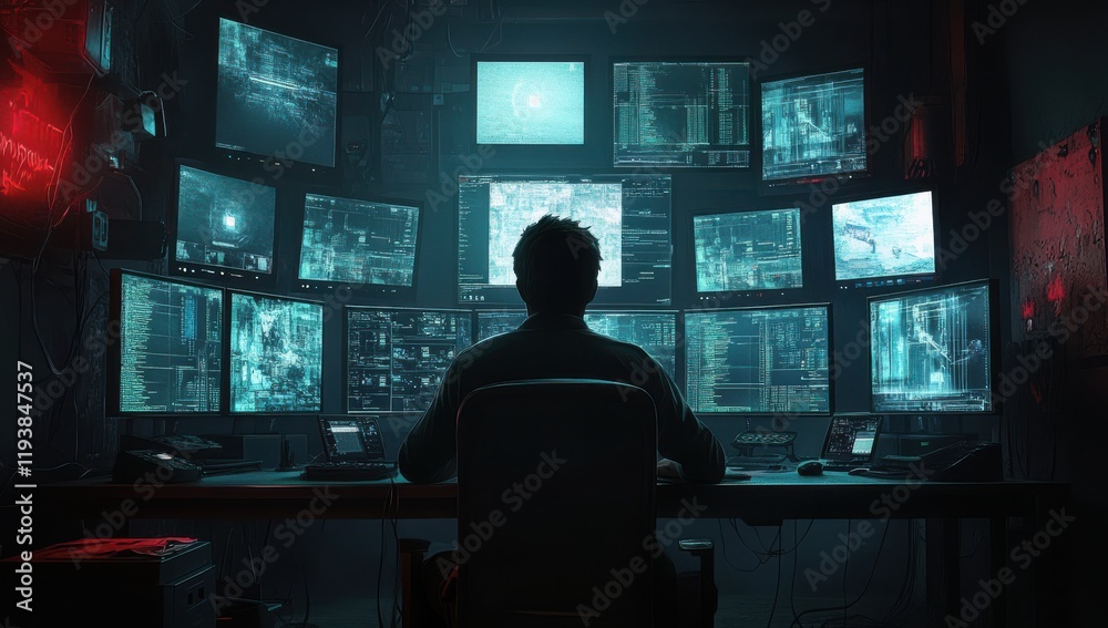 A Focused Individual Analyzing Data on Multiple Monitors in a Dark High-Tech Control Room Environment with Futuristic Visuals and Digital Displays A Focused Individual Analyzing Data on Multiple Monitors in a Dark High-Tech Control Room Environment with Futuristic Visuals and Digital Displays