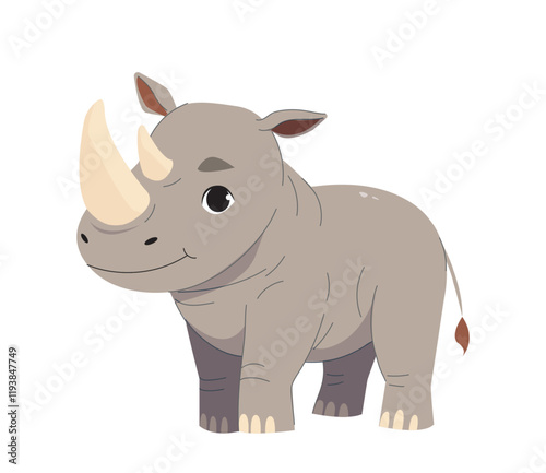 Adorable cartoon-style rhino with a friendly expression, standing on a white background. Perfect for children s content, animal-themed designs. Vector illustration
