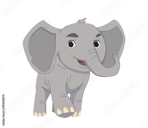 Adorable cartoon-style illustration of a young, smiling elephant with large ears and expressive features on a plain white background. Concept of wildlife and fun. Vector illustration.