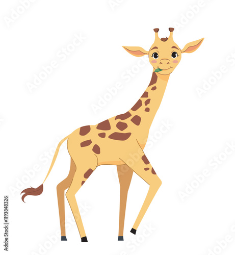 A cheerful giraffe standing upright, with a bright expression and a leaf in its mouth, on a white background. Concept of wildlife, animals, and nature. Vector illustration