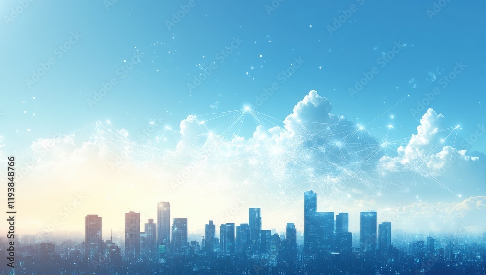 Fototapeta premium A Stunning Urban Skyline at Sunrise with Vibrant Clouds and a Blue Sky, Evoking a Sense of Peace and Modernity in a Metropolis Environment