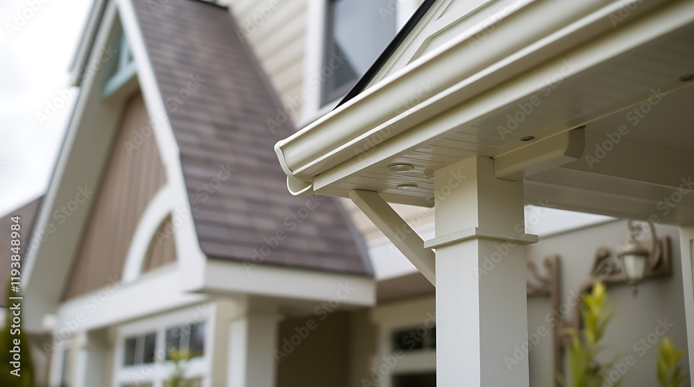 Fototapeta premium Elegant Home Exterior: Modern Architectural Design and Landscaping. High-quality image showcasing the beauty of residential architecture, emphasizing details like roofing and porch design.
