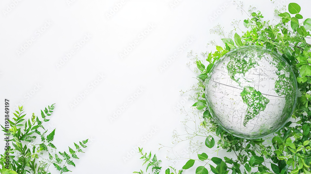 Eco friendly globe surrounded by lush greenery and plants Eco friendly globe surrounded by lush greenery and plants