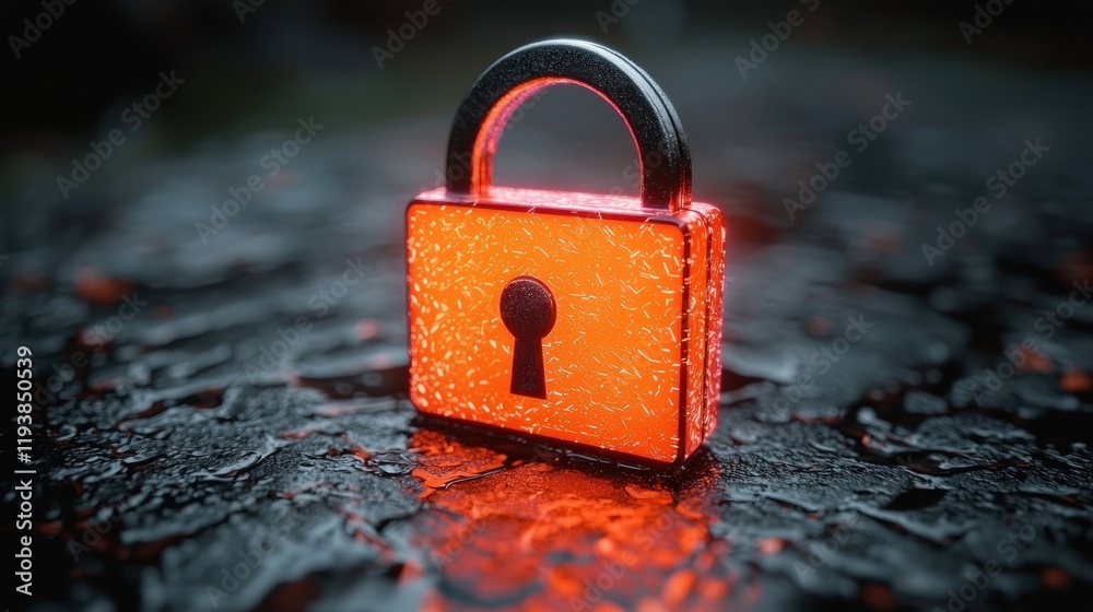 Fototapeta premium Cybersecurity: Digital Fortress, A Glowing Red Lock Symbol on a Dark Reflective Surface, Representing Data Protection and Online Safety