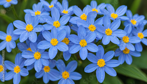 Éclat de fleurs bleues sous la rosée photo