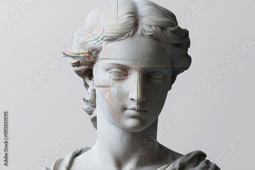 The image depicts a classical marble statue with a modern glitch effect superimposed on it, blending traditional art with digital distortion