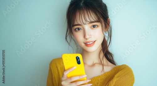 Young woman using smartphone with a smile in a modern interior with soft lighting