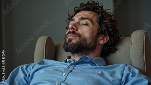 Man with tousled curls and full beard, cradling his head in repose on a cushioned backrest, dressed in a soft light blue button-down shirt, eyes peacefully shut photo