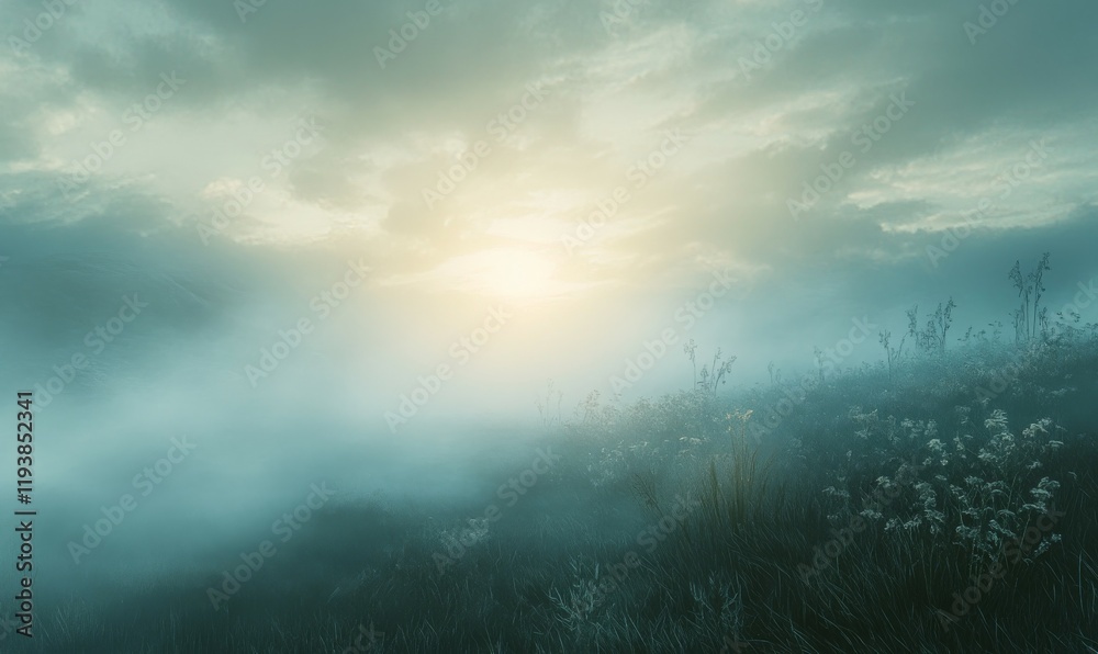 Misty dawn landscape with sunlight peeking through the foggy veil, sunlight, mist, calm environment Misty dawn landscape with sunlight peeking through the foggy veil, sunlight, mist, calm environment