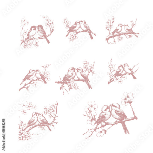Hand drawn Birds couple sitting on sakura or cherry blossom tree branch