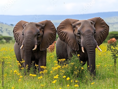 African Elephants in Serene Yellow Wildflower Meadow: A Majestic Wildlife Scene photo