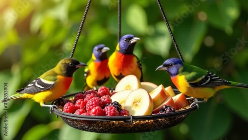 Birds like orioles and tanagers enjoy fresh fruits from a feeder. Bright feathers and vivid fruit colors create a lively, vibrant garden wildlife scene. photo