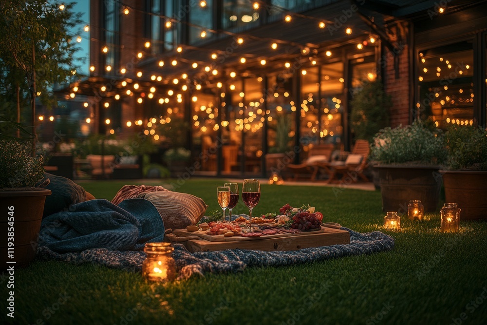 Naklejka premium Romantic evening picnic under string lights. Generative AI