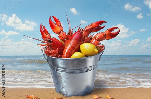 Lobster Bake Seafood Feast with Clams Corn and Potatoes on the Beach New England Atlantic Coast photo