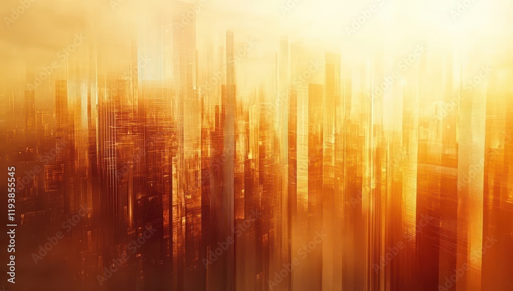 Fototapeta premium Abstract representation of a futuristic city skyline bathed in golden light, showcasing towering buildings and a warm luminescent atmosphere, symbolizing progress and innovation.