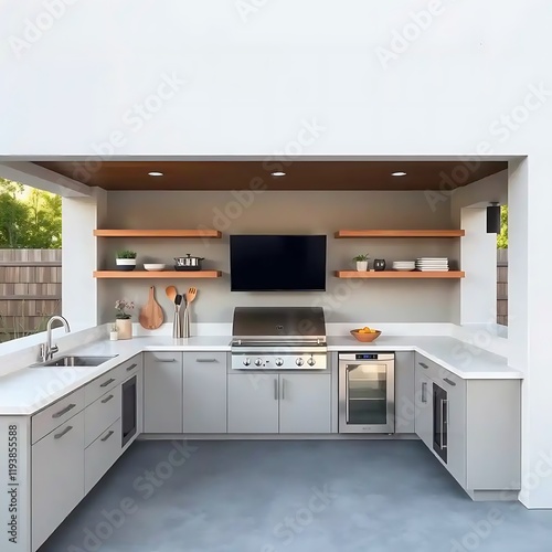 Modern Outdoor Kitchen Design With Built In Grill And Cabinets