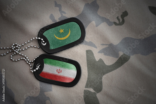 vintage army blank, dog tag with flag of and iran on the khaki texture background. military concept. photo