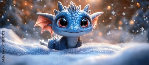 cute blue baby dragon in snowy winter forest with falling snowflakes