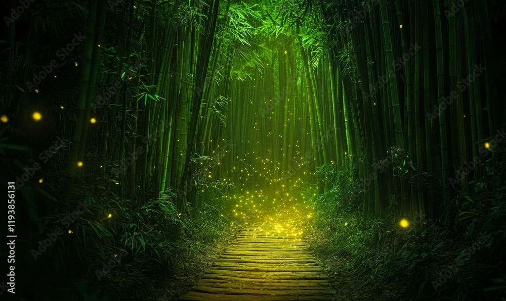 Naklejka premium Magical Bamboo Forest Path Illuminated By Fireflies