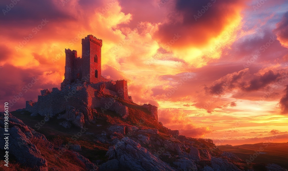 Fototapeta premium Majestic Castle on a Hilltop Against a Dramatic Sunset Sky
