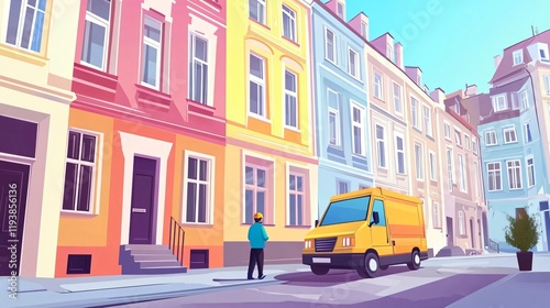 Vibrant Urban Scene with Delivery Man and Car in Street | Colorful Building Background