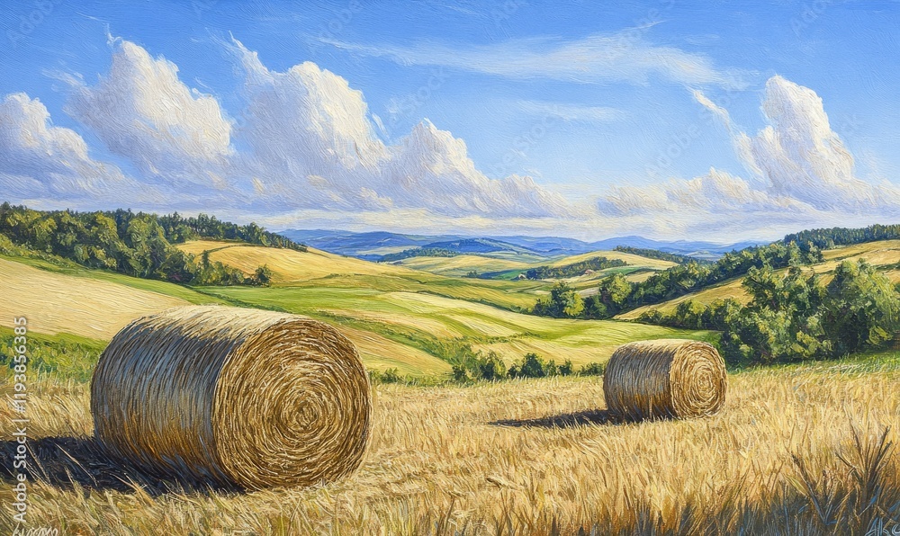 Serene Summer Landscape With Hay Bales and Rolling Hills Serene Summer Landscape With Hay Bales and Rolling Hills