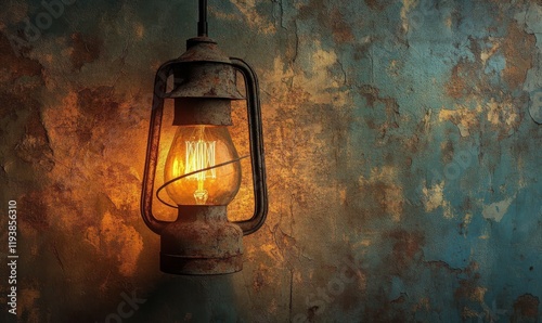 Un encendido de bombilla en un marco de pared deteriorada con una luz suave y mala iluminaci?n, aged, lamp, warm glow photo