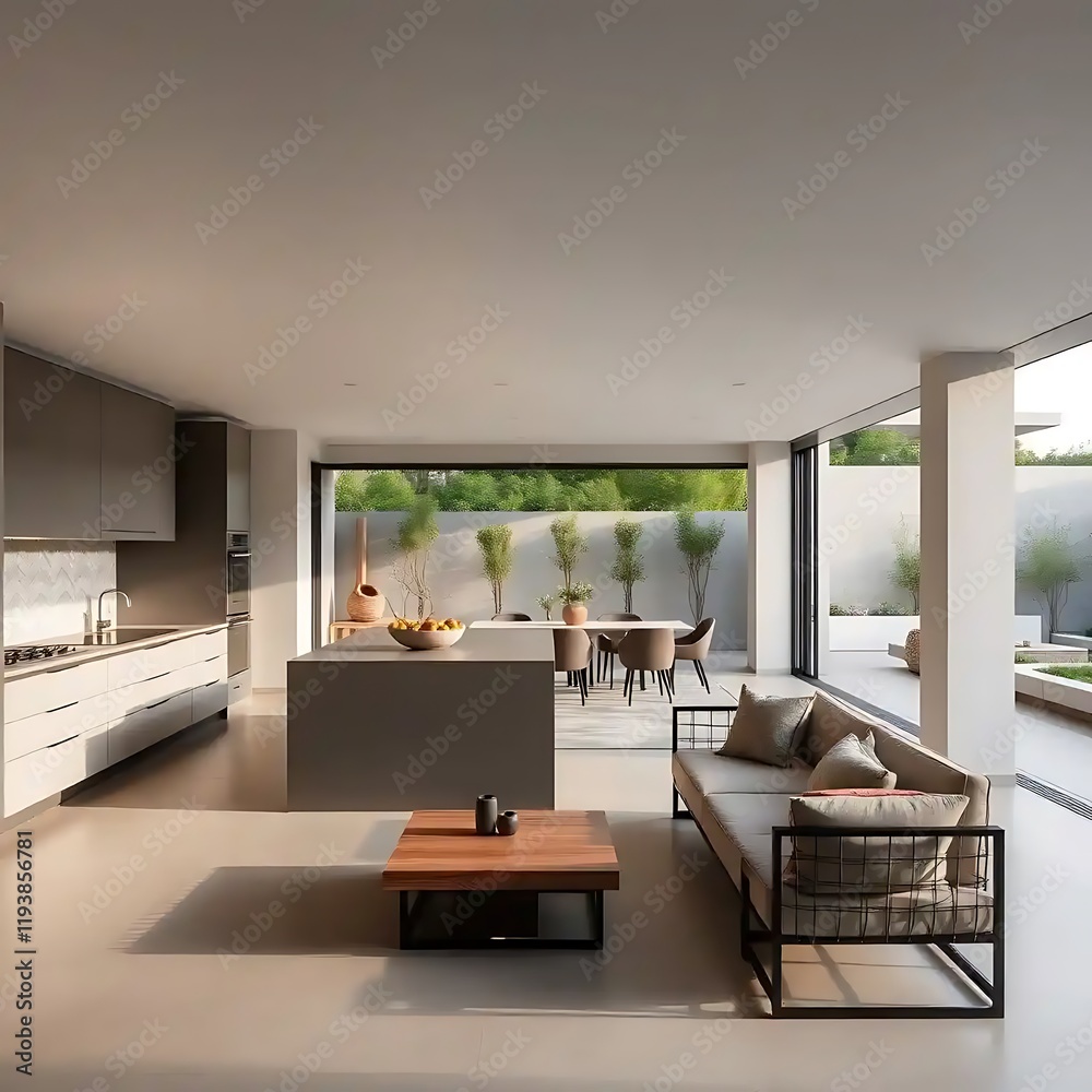Fototapeta premium Modern Open Plan Home Interior Design With Outdoor View