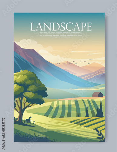 Vibrant countryside landscape with mountains, trees, fields, and a barn under a gradient sky. Modern creative design in vector style, concept of nature. Vector illustration.