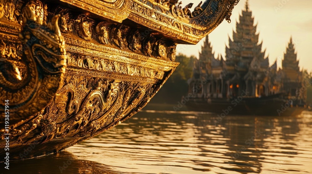 Obraz premium Ornate golden boat detail on river with temple.
