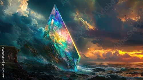 Iridescent crystal shard on a dramatic coast at sunset.