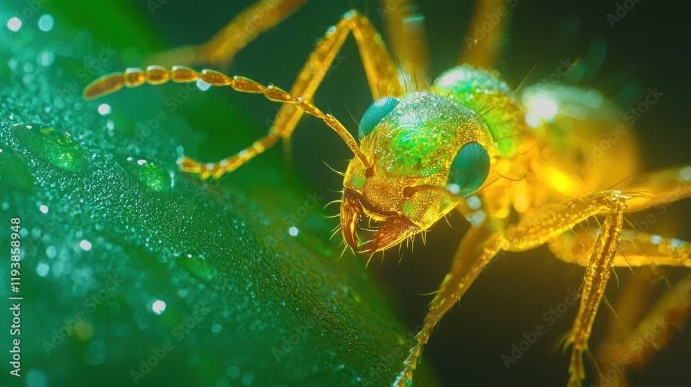 Naklejka premium Close-up of a vibrant golden ant on a dewy leaf.