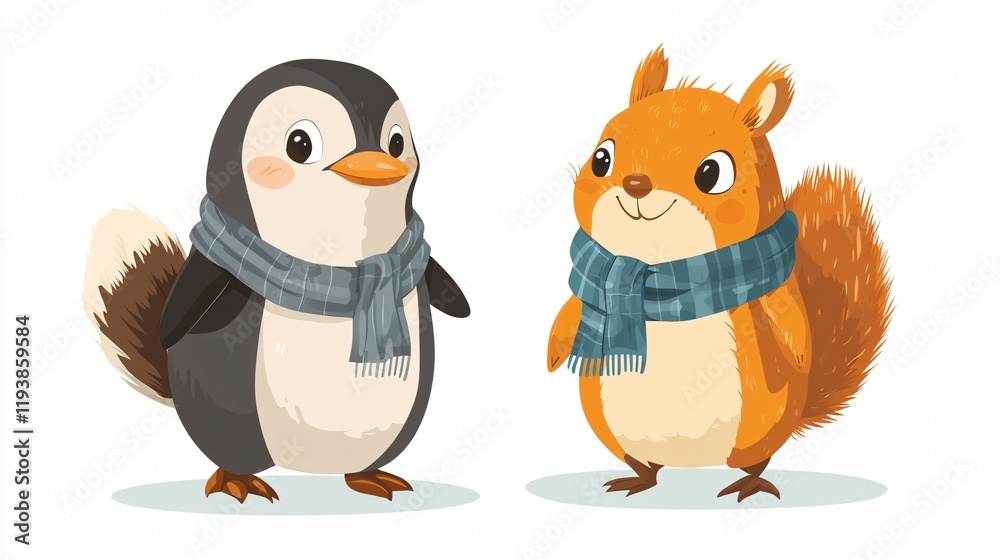 Adorable Penguin and Squirrel Cartoon Characters in Clothes on White Background Adorable Penguin and Squirrel Cartoon Characters in Clothes on White Background