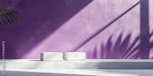 minimalist stone display podium with natural shadow and violet background for beauty products presentation