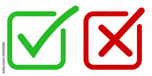 Green checkmark and red cross icons for correct and incorrect indications. Perfect for UI design, surveys, and decision-making visuals in presentations or apps.