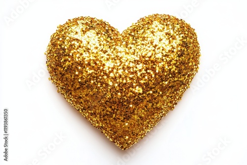 Gold glitter heart on white background. Perfect for Valentine's Day, love, or celebratory designs.