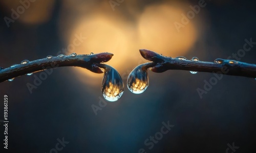 Tiny drops cling to twig ends in morning light, shine, morning, nature