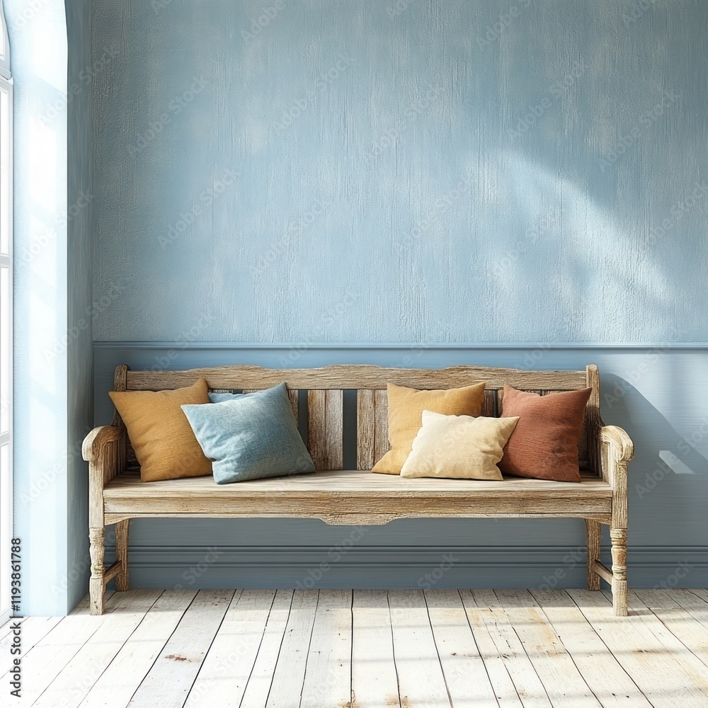 custom made wallpaper toronto digitalRustic Farmhouse Interior with Cozy Wooden Bench and Colorful Cushions in Soft Blue Setting