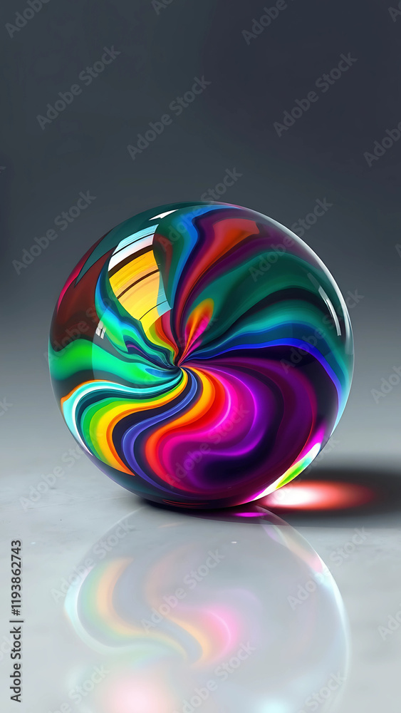a spherical glass marble, filled with bright, swirling rainbow colors. a spherical glass marble, filled with bright, swirling rainbow colors.
