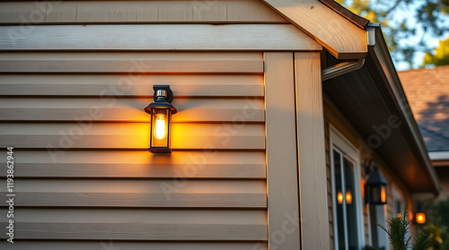 Illuminated House Exterior at Dusk: Warm Evening Light on Wooden Wall and Windows photo