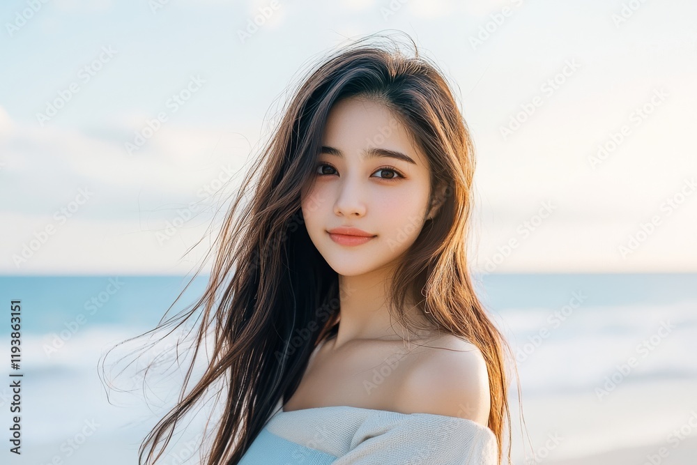 Young woman stands on the beach wearing a light blue top with waves and sunlight in the background Young woman stands on the beach wearing a light blue top with waves and sunlight in the background