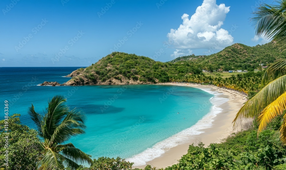 Sunny tropical Caribbean beach with palm trees and turquoise water, caribbean island vacation, hot summer day Sunny tropical Caribbean beach with palm trees and turquoise water, caribbean island vacation, hot summer day